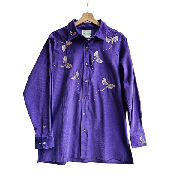 NWT Quacker Factory Vintage Dragonfly Shirt With Button Covers, Purple, Size Med - Picture 1 of 15